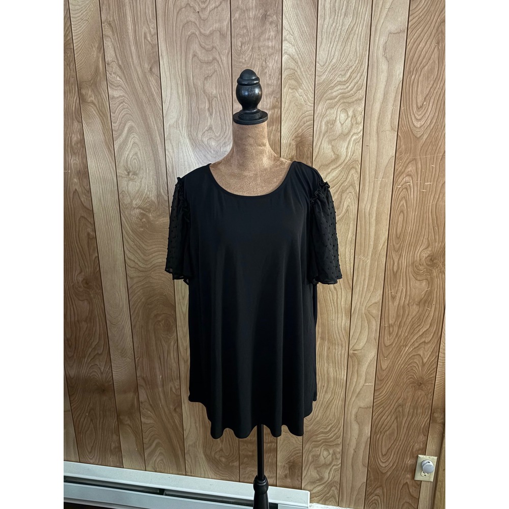 Adrianna Papell‎ Womens Black Swiss Dot Flutter Sleeve Knit Top Size 2X